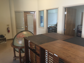 View from inside the new lab toward the library door, showing offices A0101C and A0101B